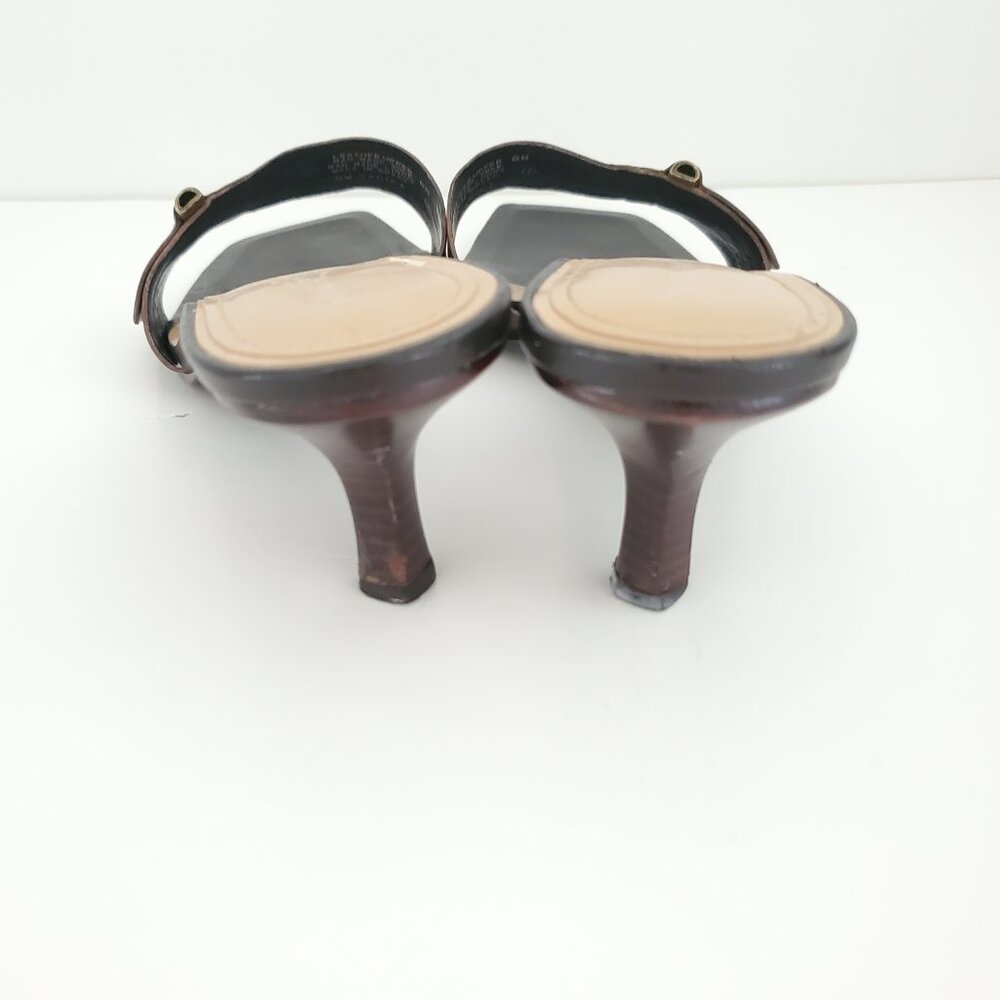 NINE WEST Brown Leather Heeled Slide Sandals Square Toe Bronze Buckle Accent 8M - Picture 4 of 9